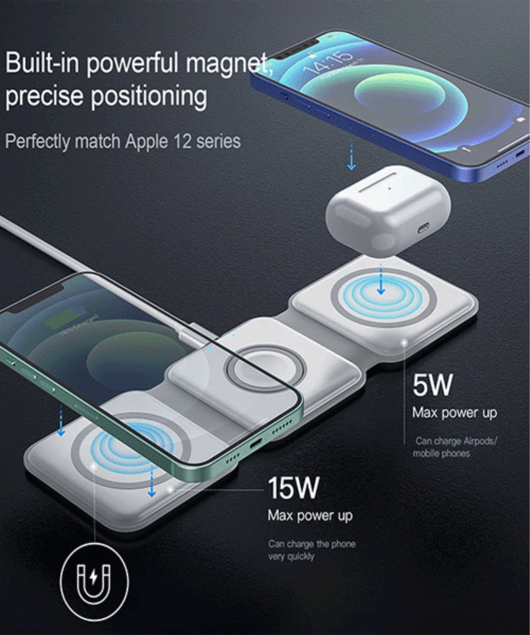 3-in-1 Wireless Charging Station MagSafe Compatible Anti-Slip Base