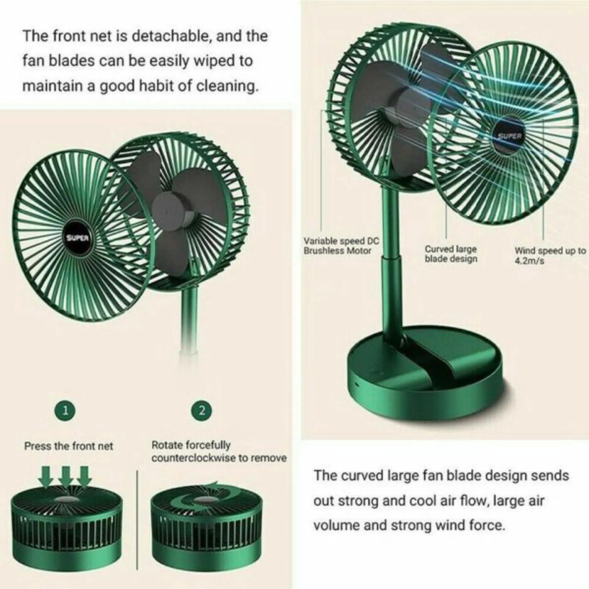 Portable Table Fan Folded Position Space Saving Design
